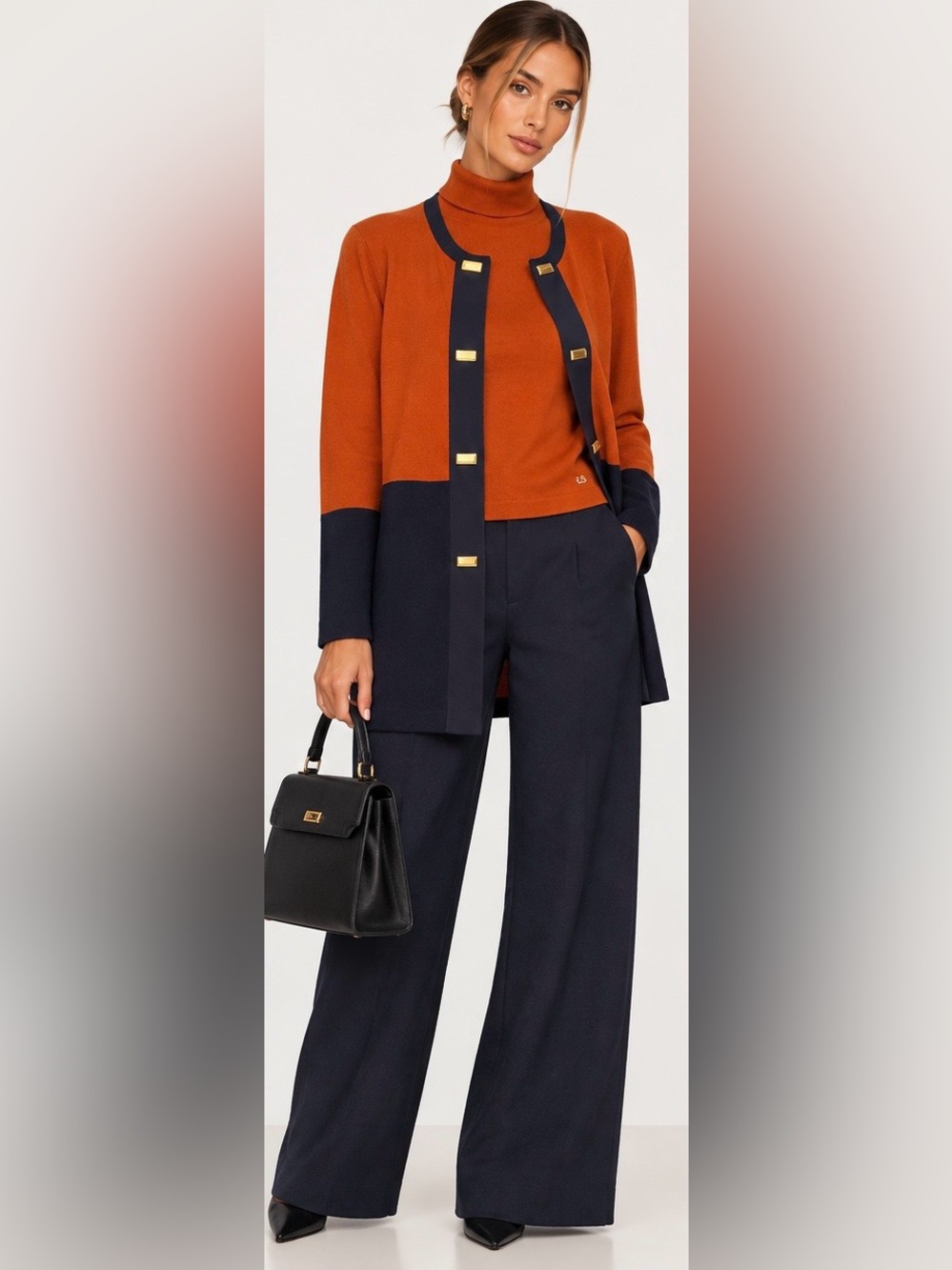 LUISA SPAGNOLI Wool 2 Piece Colorblock Cardigan & Turtleneck Set Large